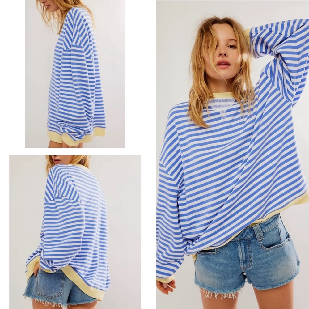 Free People Classic Striped Oversized Crewneck, LARGE  NWT